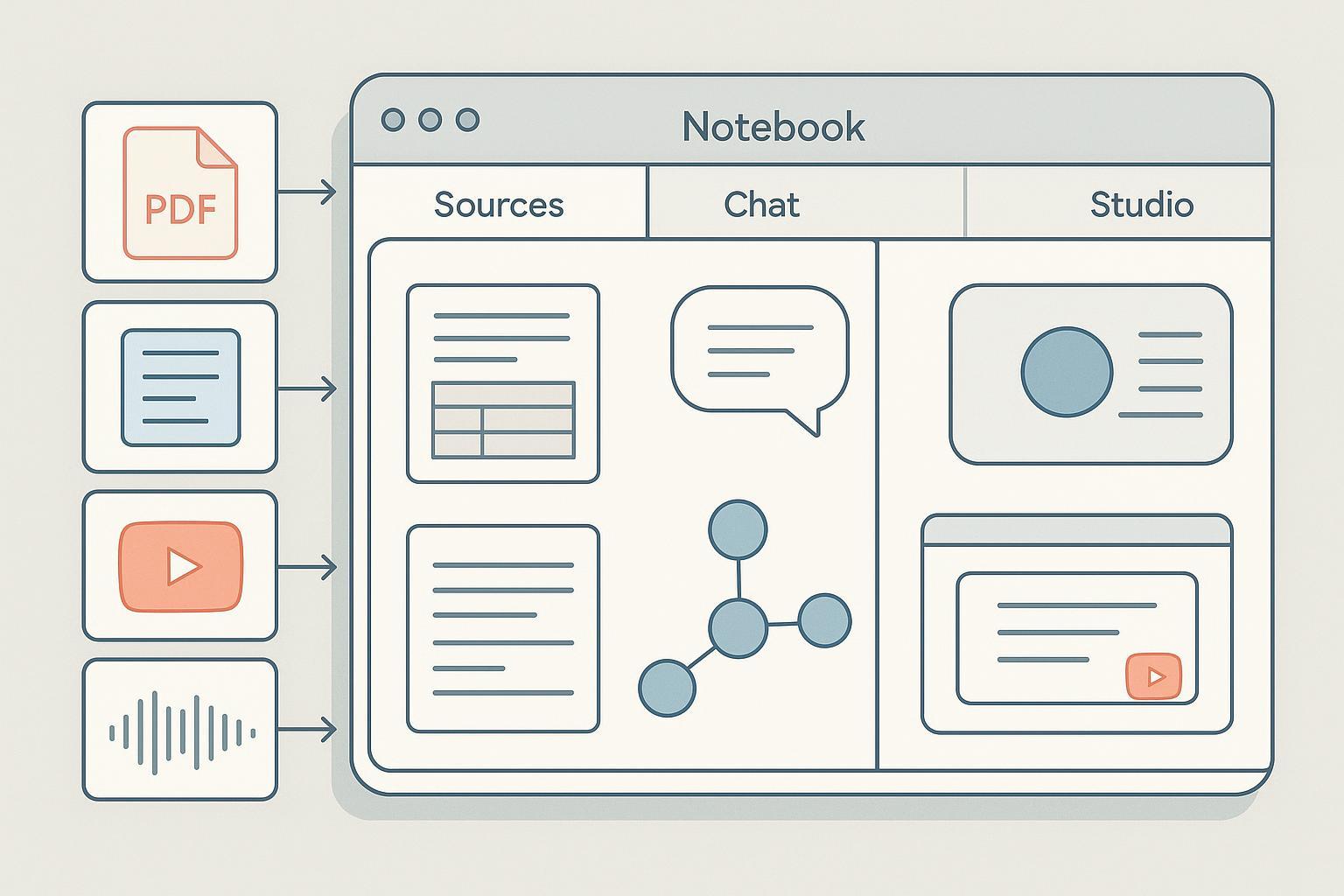 NotebookLM workflow diagram showing sources feeding into Notebook with Sources, Chat, and Studio panels