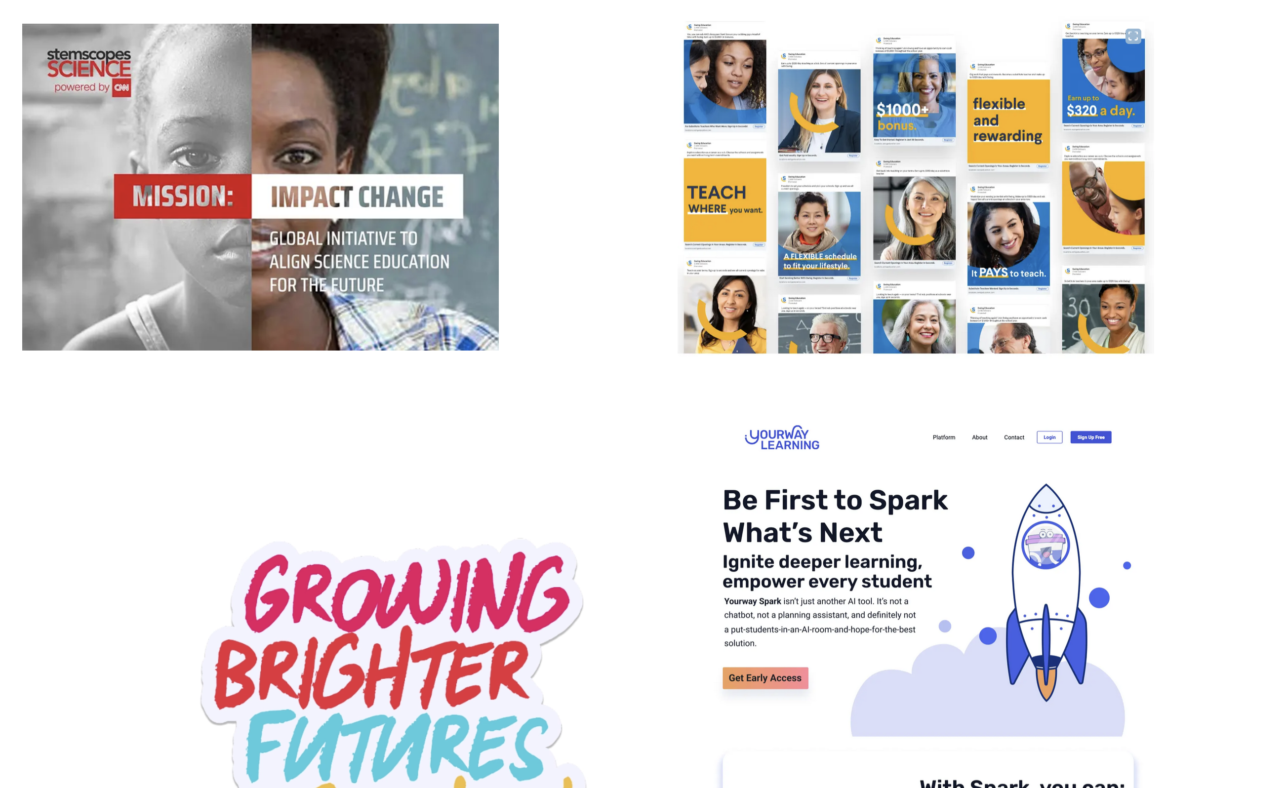 Work grid showing STEMscopes, teacher recruitment, Growing Brighter Futures, YourWay Learning